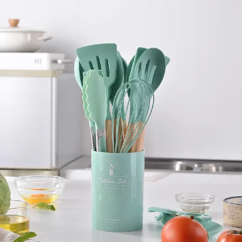 12Pcs Silicone Kitchen Utensil Set with Wooden Handles - Non-Stick Spatula, Shovel, Egg Beater & More for Home Cooking thumbnail 6