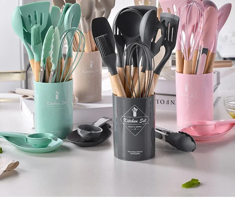12Pcs Silicone Kitchen Utensil Set with Wooden Handles - Non-Stick Spatula, Shovel, Egg Beater & More for Home Cooking showcase 11