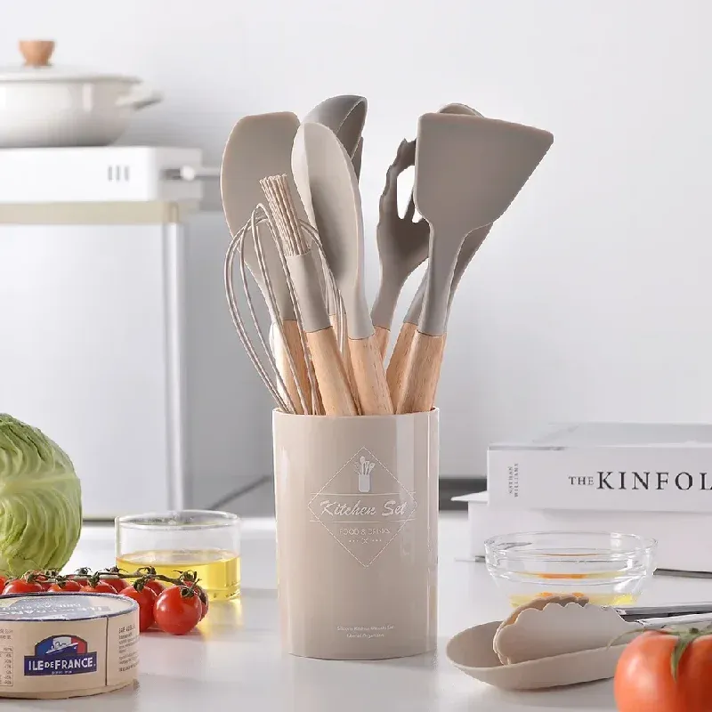 12Pcs Silicone Kitchen Utensil Set with Wooden Handles - Non-Stick Spatula, Shovel, Egg Beater & More for Home Cooking thumbnail 3