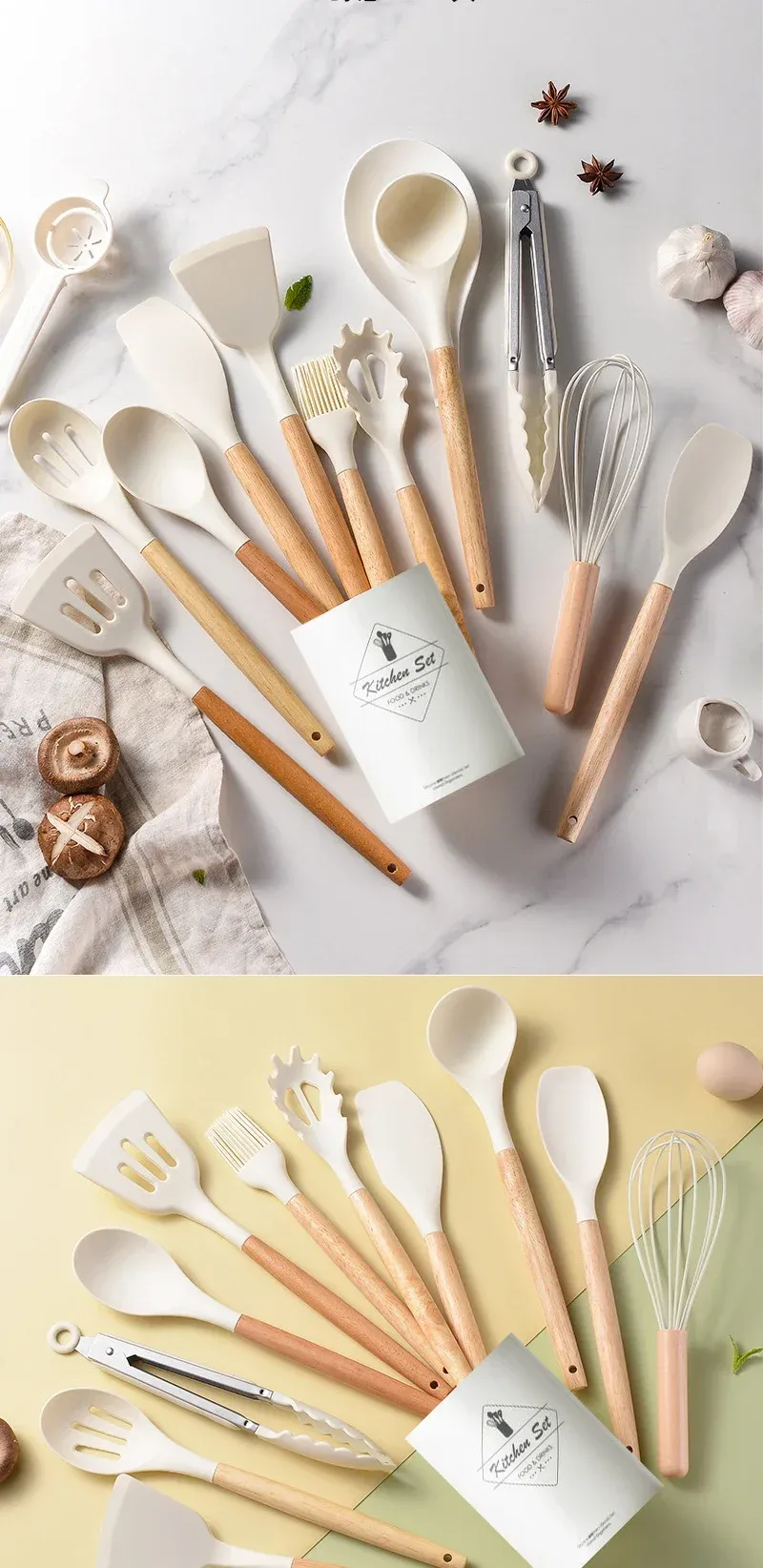 12Pcs Silicone Kitchen Utensil Set with Wooden Handles - Non-Stick Spatula, Shovel, Egg Beater & More for Home Cooking showcase 1