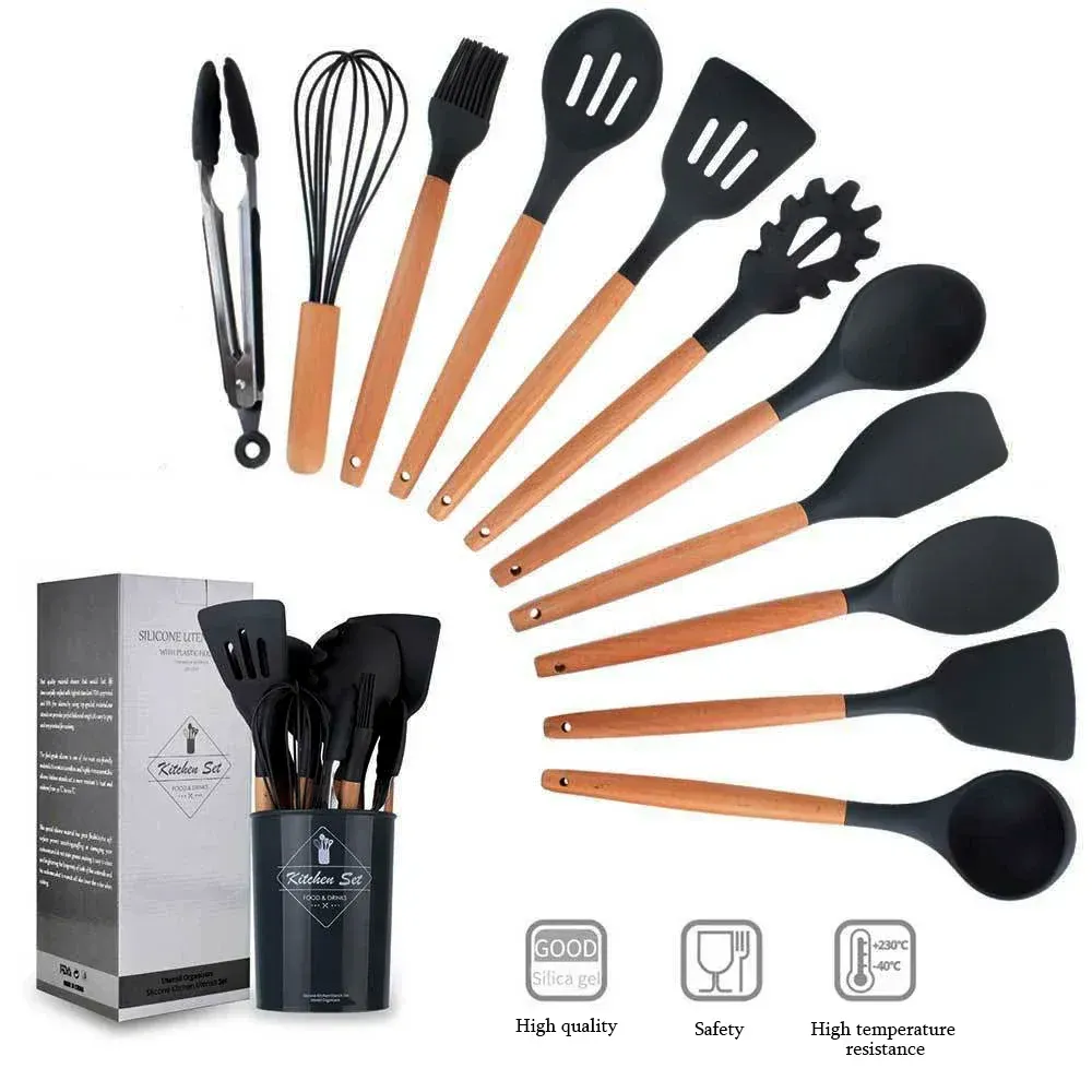 12-Piece Silicone Kitchen Utensil Set with Wooden Handles - Non-Stick Spatula, Shovel, Egg Beater & More for Modern Kitchens thumbnail 1