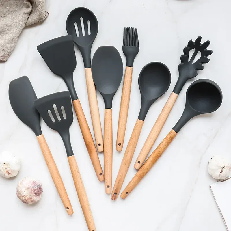 12-Piece Silicone Kitchen Utensil Set with Wooden Handles - Non-Stick Spatula, Shovel, Egg Beater & More for Modern Kitchens thumbnail 5