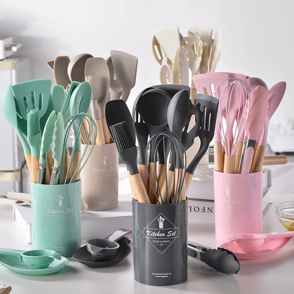 12-Piece Silicone Kitchen Utensil Set with Wooden Handles - Non-Stick Spatula, Shovel, Egg Beater & More for Modern Kitchens thumbnail 2