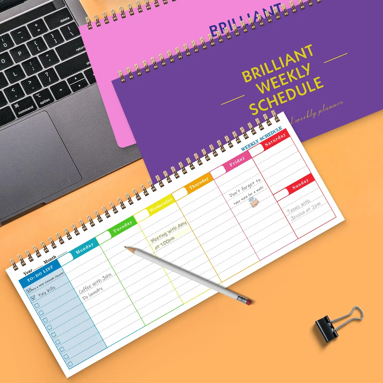 60 Sheets/120 Pages English Coil Notebook Weekly Planner for Business Study, Daily Schedule Notepad with Punch Card Memo thumbnail 1