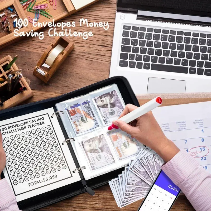 100-Day Savings Challenge Binder with Cash Envelopes - PU Leather Budget Planner for Money Organizer & Financial Goals showcase 6