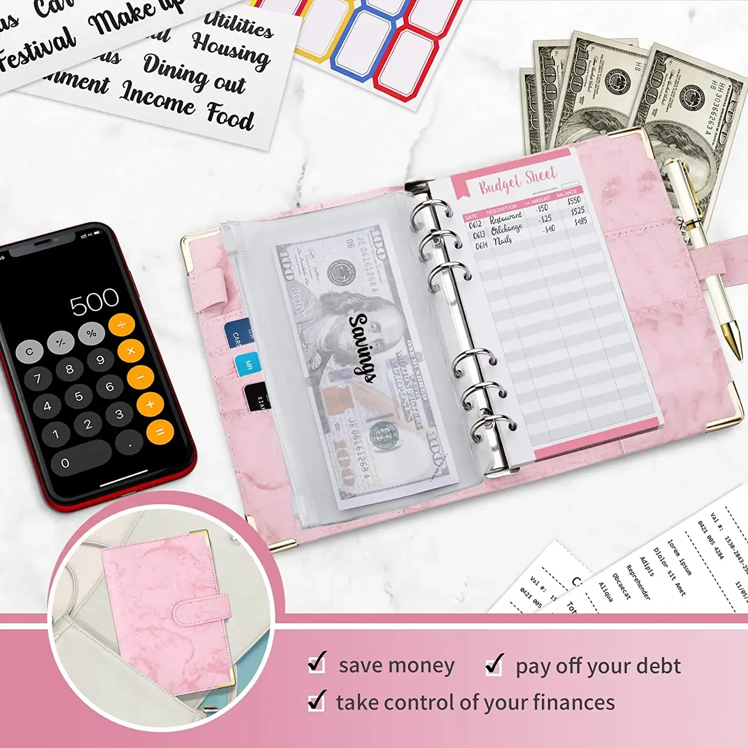 A6 PU Leather Budget Binder Planner with Marble Design, Money Saving Organizer Notebook for Office, School, Travel - Ideal Gift for All Occasions thumbnail 5