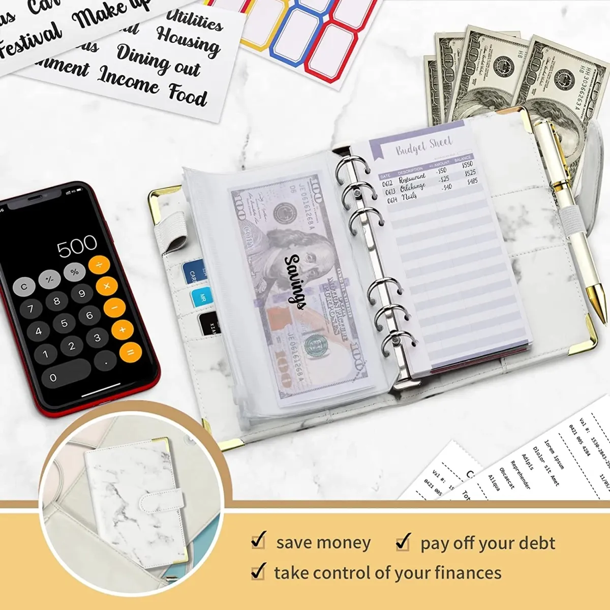 A6 PU Leather Budget Binder Planner with Marble Design, Money Saving Organizer Notebook for Office, School, Travel - Ideal Gift for All Occasions showcase 5