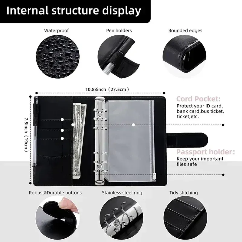 A6 PU Leather Binder Organizer System with Zipper Pockets - Portable Budget Planner for Cash Envelopes, Passports, Cards & Pens - Ideal for Home, Travel, School thumbnail 2
