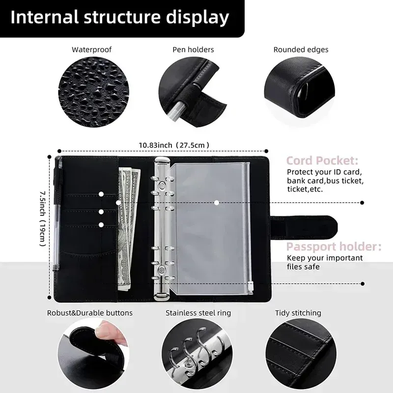 A6 PU Leather Binder Organizer System with Zipper Pockets - Portable Budget Planner for Cash Envelopes, Passports, Cards & Pens - Ideal for Home, Travel, School showcase 2