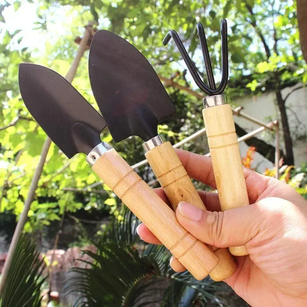 3Pcs Mini Garden Tool Set: Iron Shovel, Trowel & Rake with Ergonomic Wooden Handles for Indoor Plants, Flower Pots, Cactus & Small Garden Tasks thumbnail 2