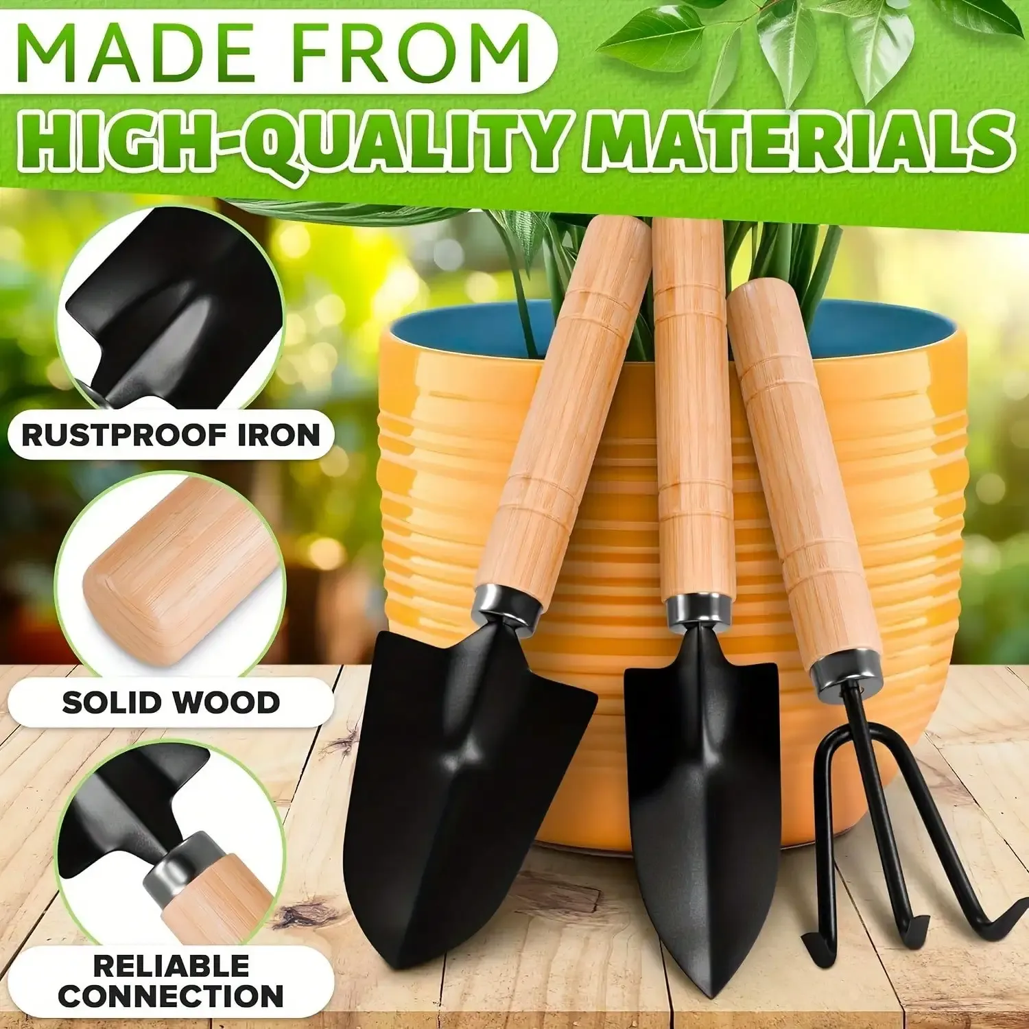3-Piece Mini Gardening Tool Set: Durable Iron Shovel, Rake & Trowel with Comfortable Wooden Handles for Indoor & Outdoor Planting thumbnail 4