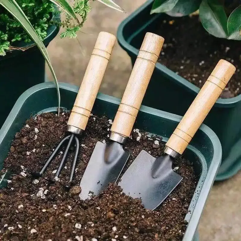 3-Piece Mini Gardening Tool Set: Durable Iron Shovel, Rake & Trowel with Comfortable Wooden Handles for Indoor & Outdoor Planting thumbnail 2