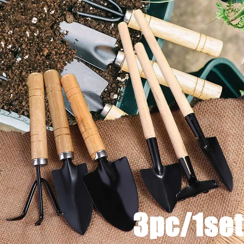 3-Piece Mini Gardening Tool Set: Durable Iron Shovel, Rake & Trowel with Comfortable Wooden Handles for Indoor & Outdoor Planting