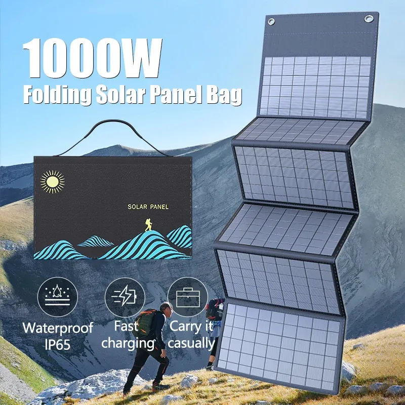 1000W Portable Folding Solar Panel Charger Bag with USB+DC Output, Outdoor Power Supply for Mobile Phones, Laptops, and Cameras - Ideal for Camping and Emergencies