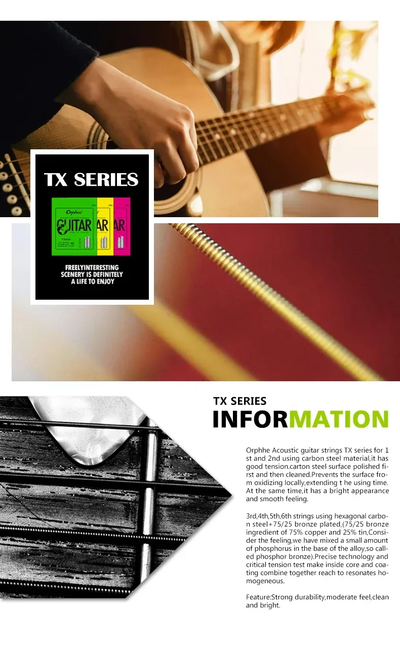 Orphee TX Series Acoustic Guitar Strings Set - Hexagonal Core, 75/25 Bronze Phosphor, Full Bright Tone, Extra Light Tension, Beginner Friendly showcase 9