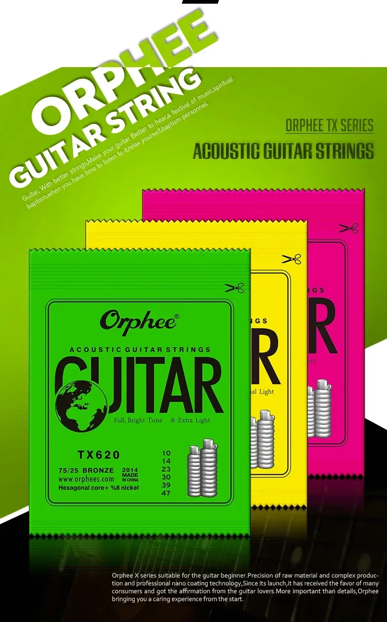 Orphee TX Series Acoustic Guitar Strings Set - Hexagonal Core, 75/25 Bronze Phosphor, Full Bright Tone, Extra Light Tension, Beginner Friendly showcase 8