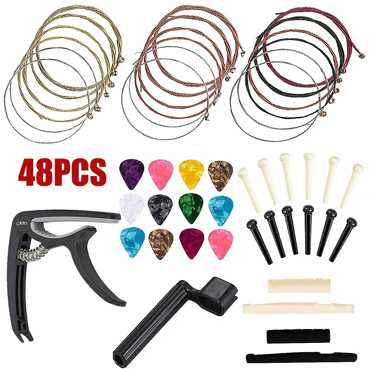 48Pcs Acoustic Guitar Accessories Kit: Capo, 3 Sets Coated Strings, 12 Picks, Winder, Bridge Pins & Saddles - All-in-One Guitar Care Set for Beginners & Musicians