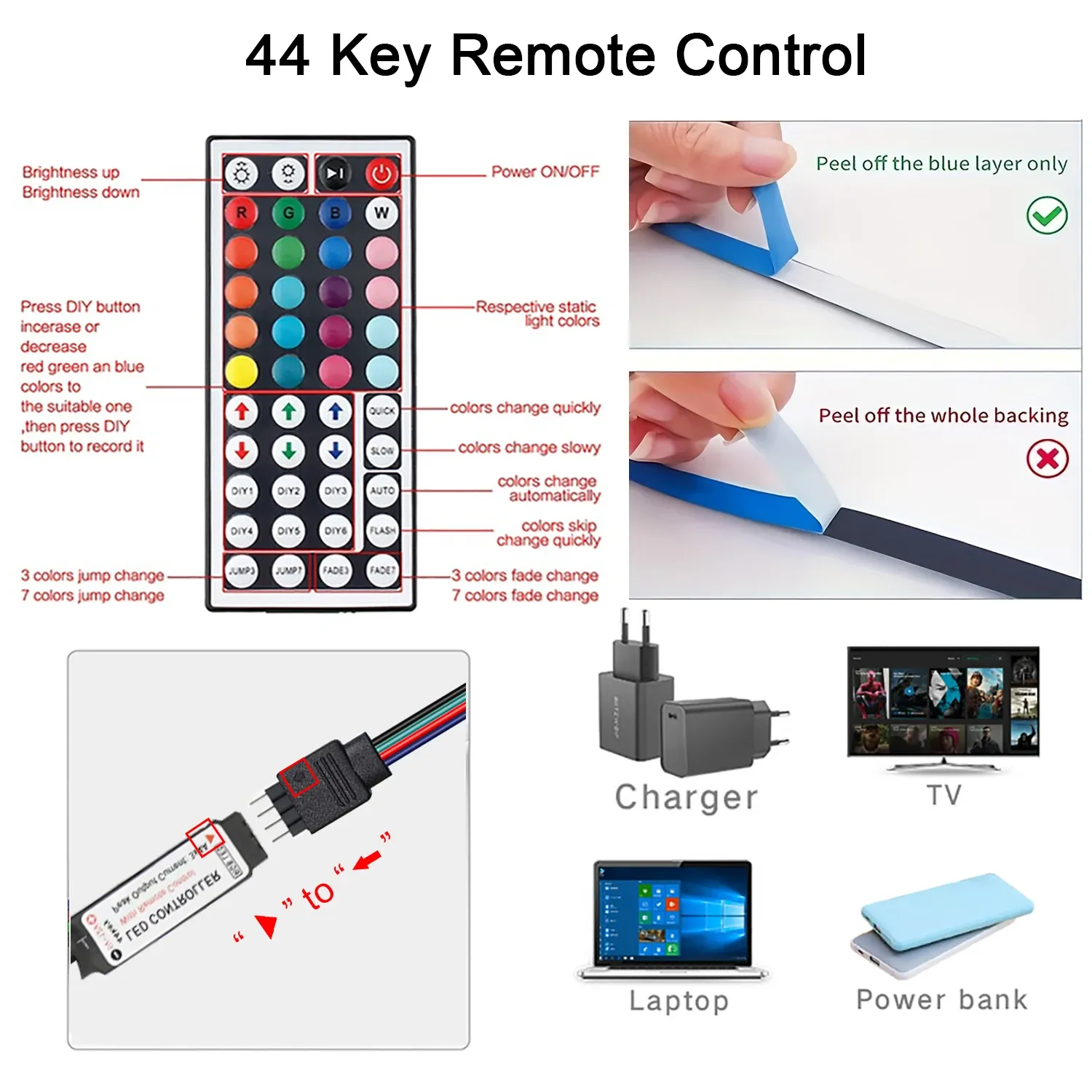 RGB LED Strip Lights with 44-Key Remote Control - 1m to 20m Flexible Tape for Home, Bedroom, Party Decor, TV Backlighting thumbnail 5