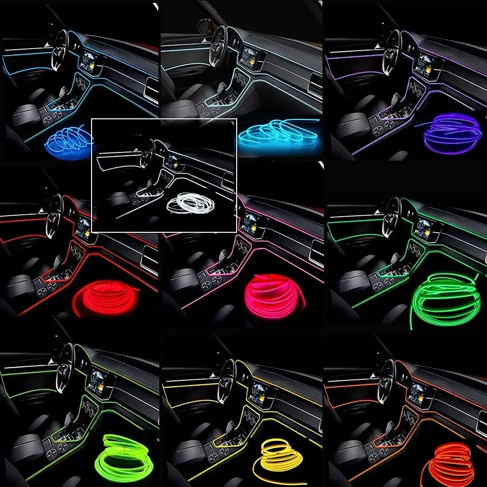 5M Car Interior LED Strip Light Neon EL Wire - Flexible USB Powered Ambient Lighting for Auto DIY, Parties & Home Decor thumbnail 2