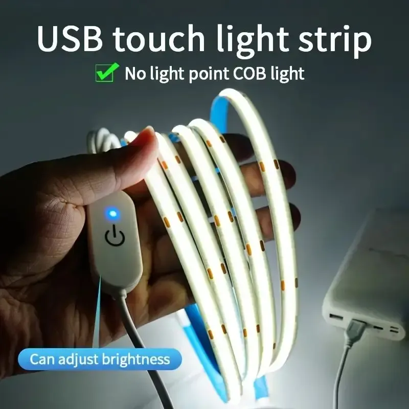 LED COB Light Strip with Touch Dimmer - 5V USB Flexible Diode Tape for Indoor Lighting, TV Backlight, Mirror Decor, DIY Projects - 320 LEDs/m, High CRI >90 thumbnail 1