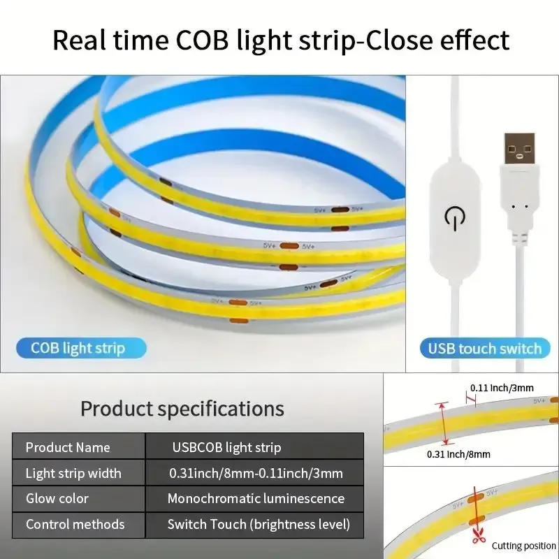 LED COB Light Strip with Touch Dimmer - 5V USB Flexible Diode Tape for Indoor Lighting, TV Backlight, Mirror Decor, DIY Projects - 320 LEDs/m, High CRI >90 showcase 9