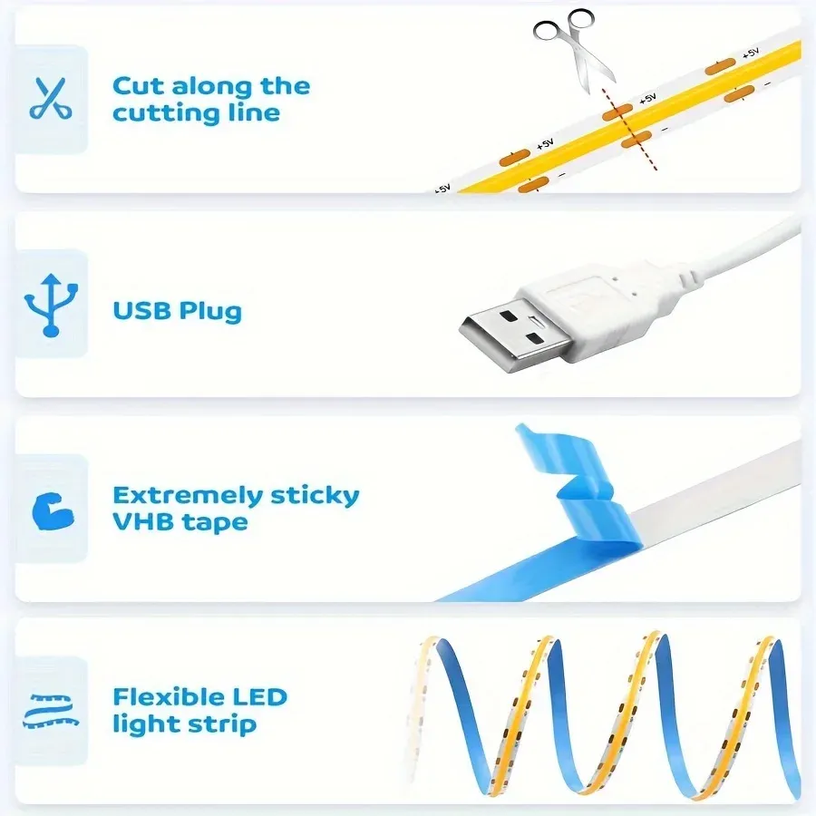 LED COB Light Strip with Touch Dimmer - 5V USB Flexible Diode Tape for Indoor Lighting, TV Backlight, Mirror Decor, DIY Projects - 320 LEDs/m, High CRI >90 showcase 8
