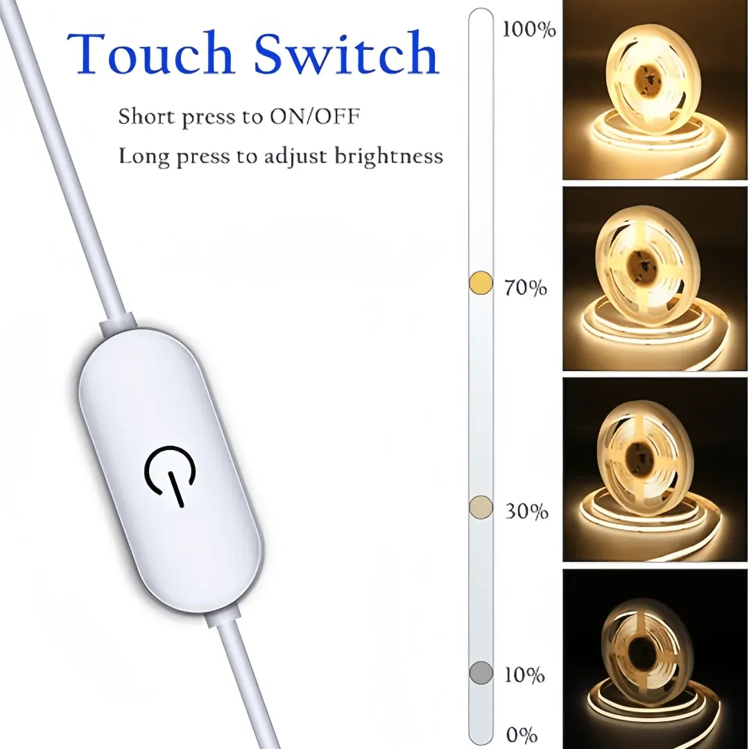 LED COB Light Strip with Touch Dimmer - 5V USB Flexible Diode Tape for Indoor Lighting, TV Backlight, Mirror Decor, DIY Projects - 320 LEDs/m, High CRI >90 showcase 7