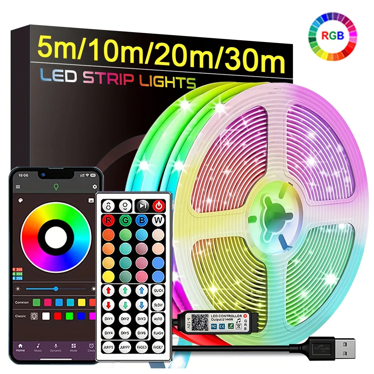 RGB LED Strip Lights 5m-30m with APP Control, Flexible Ribbon Tape for Room Bedroom TV Decoration, Smart Lighting for Ambiance thumbnail 1