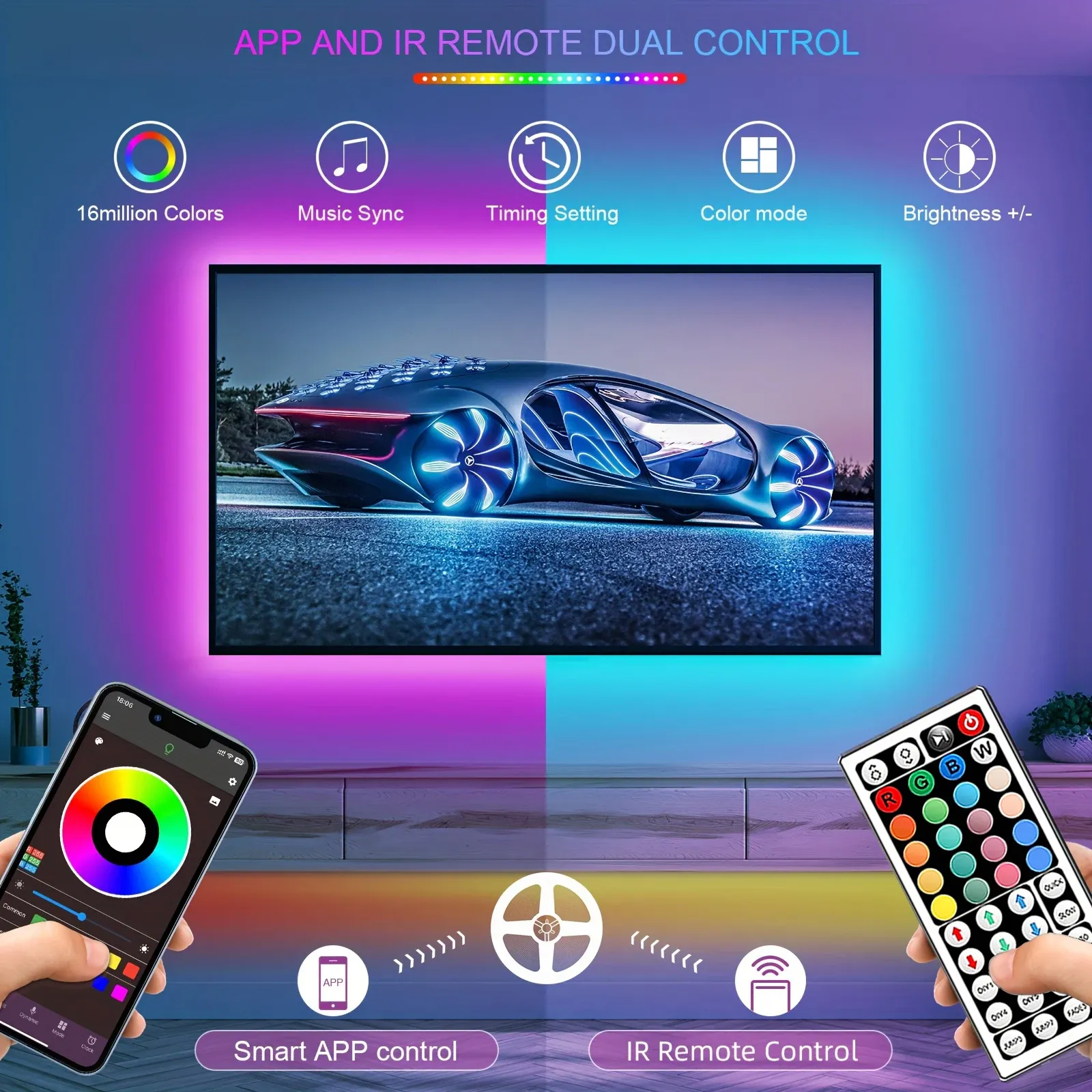 RGB LED Strip Lights 5m-30m with APP Control, Flexible Ribbon Tape for Room Bedroom TV Decoration, Smart Lighting for Ambiance thumbnail 4
