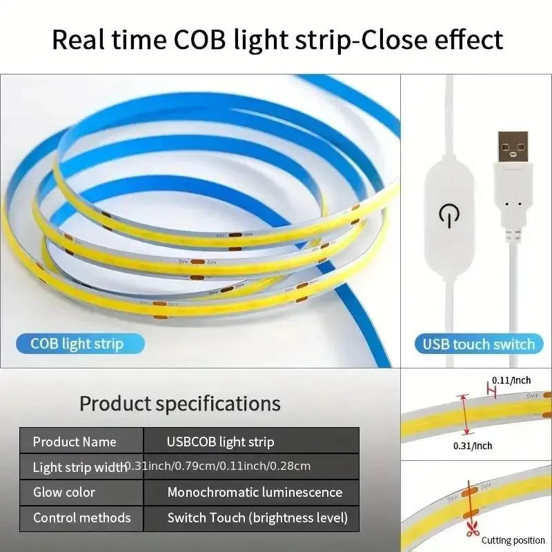 USB COB LED Strip Light with Touch Sensor, 5V Dimmable Flexible Ribbon Tape for TV Backlight, Kitchen Cabinets, Mirror, Wardrobe - 1m to 5m Lengths showcase 2