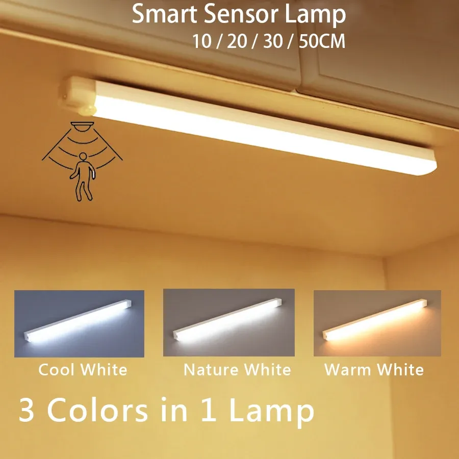 Motion Sensor LED Night Light Bar - USB Rechargeable Long Strip Lamp for Kitchen Cabinet, Wardrobe, Bedside, Staircase - Wireless Stick-on Tube Light thumbnail 1
