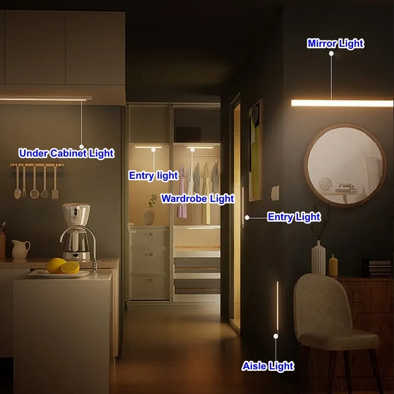 Motion Sensor LED Night Light Bar - USB Rechargeable Long Strip Lamp for Kitchen Cabinet, Wardrobe, Bedside, Staircase - Wireless Stick-on Tube Light thumbnail 3