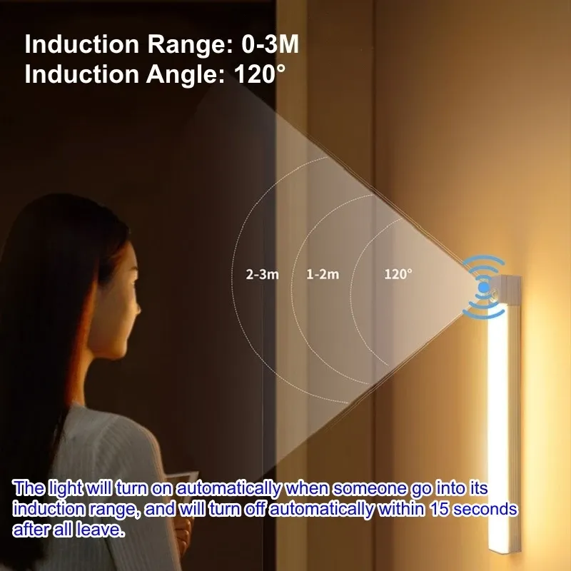 Motion Sensor LED Night Light Bar - USB Rechargeable Long Strip Lamp for Kitchen Cabinet, Wardrobe, Bedside, Staircase - Wireless Stick-on Tube Light thumbnail 4