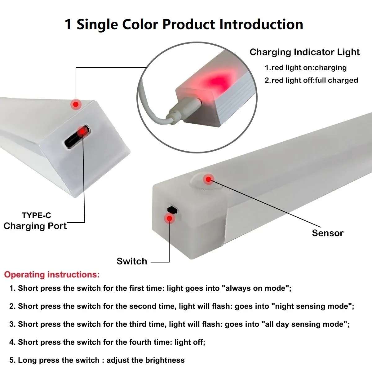 Motion Sensor LED Night Light Bar - USB Rechargeable Long Strip Lamp for Kitchen Cabinet, Wardrobe, Bedside, Staircase - Wireless Stick-on Tube Light showcase 2