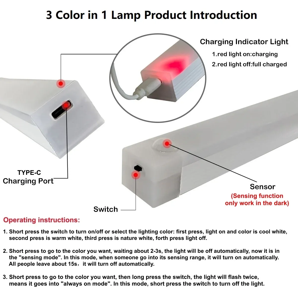 Motion Sensor LED Night Light Bar - USB Rechargeable Long Strip Lamp for Kitchen Cabinet, Wardrobe, Bedside, Staircase - Wireless Stick-on Tube Light showcase 1