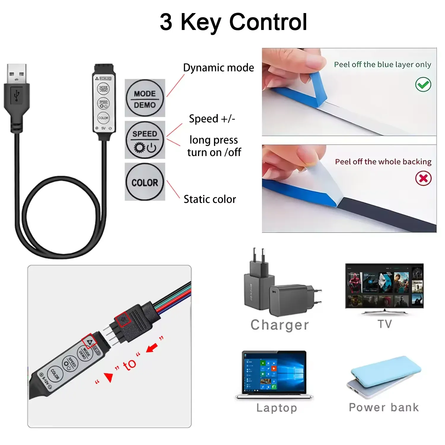 RGB LED Strip Lights for TV Backlight, USB 5V 3-Key Control Flexible Ribbon Tape for Home Party Decoration, ROHS Certified thumbnail 4