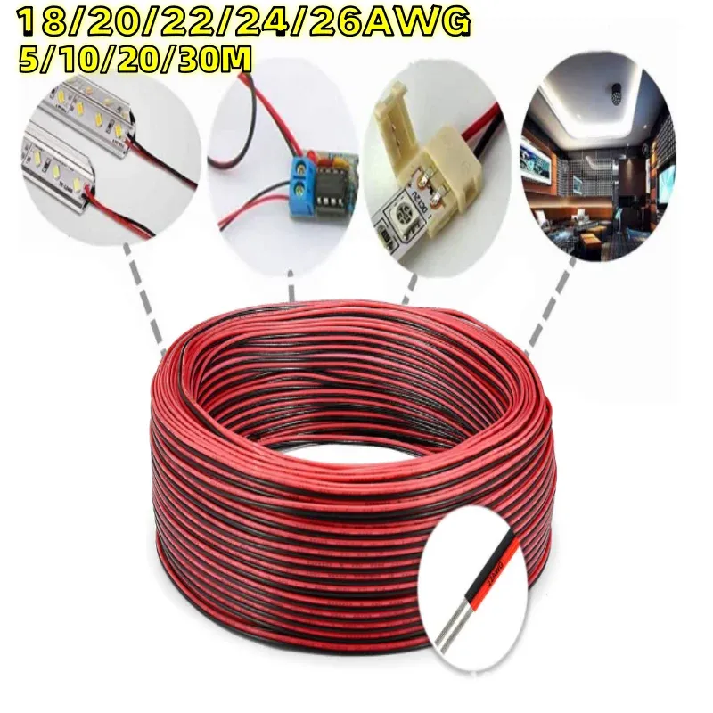 2-Pin Red Black Electrical Wire Cable 18-26 AWG Tinned Copper Extension Power Cord for LED Strips, Lighting, Audio, and Electronics thumbnail 1