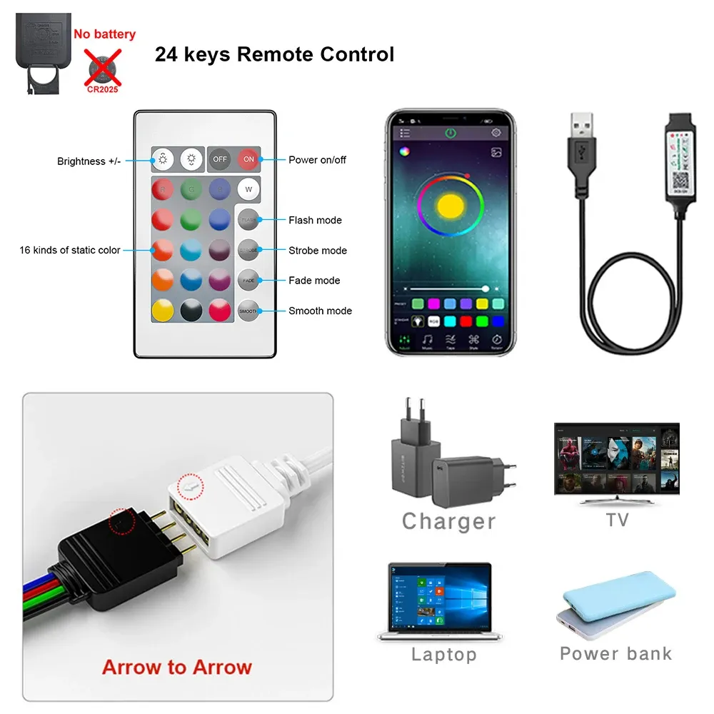 RGB LED Strip Lights with Bluetooth App Control, USB Powered 5050 SMD Tape Ribbon for TV Backlighting, Desktop Decor, and Party Ambiance thumbnail 5