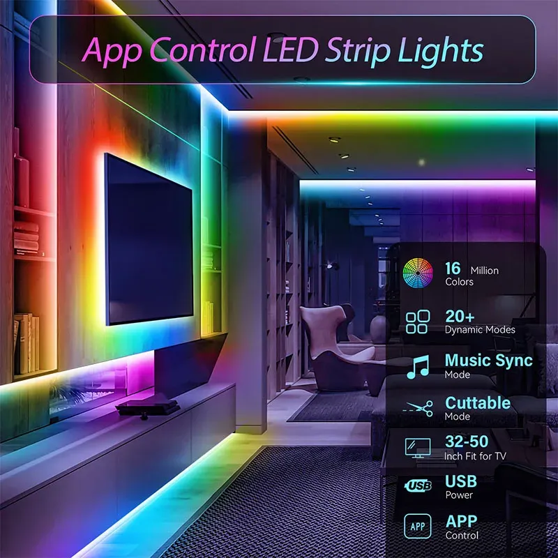 USB LED Strip Lights 5050 RGB Smart App Control Music Sync Flexible Ribbon Diodes for TV Backlight Home Decor Accent Lighting thumbnail 3
