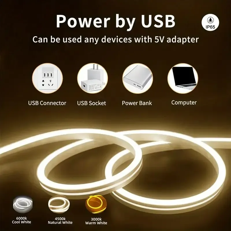 Waterproof Dimmable USB Neon LED Strip Light, Flexible 5V Ambient Decor Lamp for Bedroom, DIY Projects, TV Background - 6x12mm, 180° Angle thumbnail 2