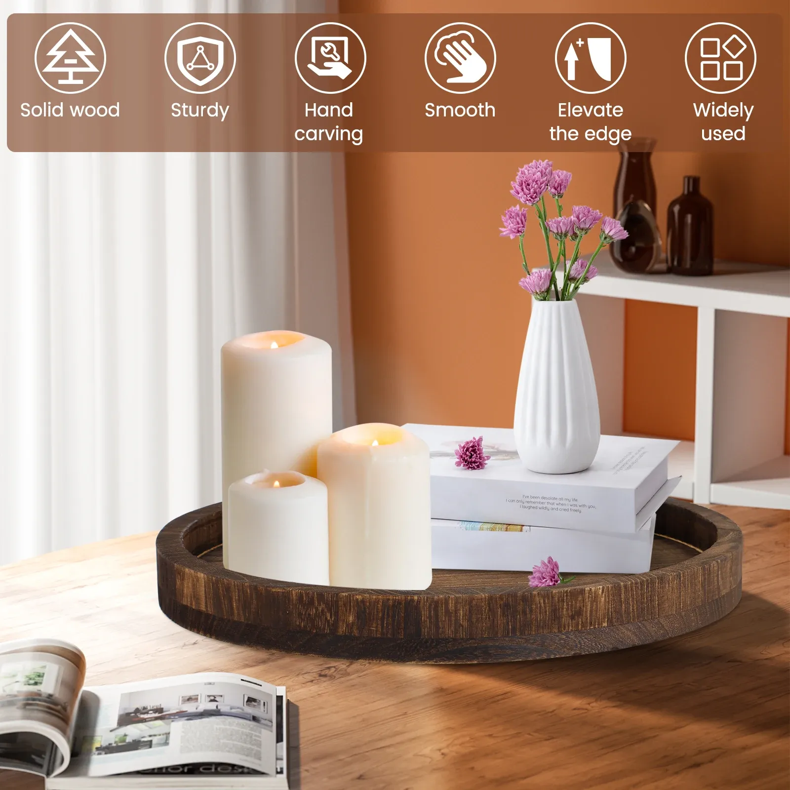 30cm Round Wooden Serving Tray - Retro Decorative Coffee Meal Platter, Multipurpose Candle Holder for Table Home Decor thumbnail 6