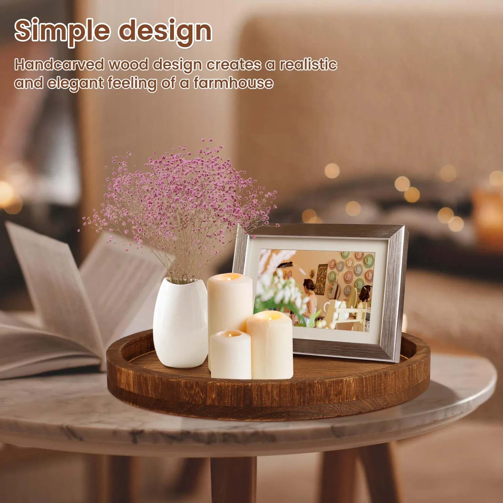 30cm Round Wooden Serving Tray - Retro Decorative Coffee Meal Platter, Multipurpose Candle Holder for Table Home Decor thumbnail 3