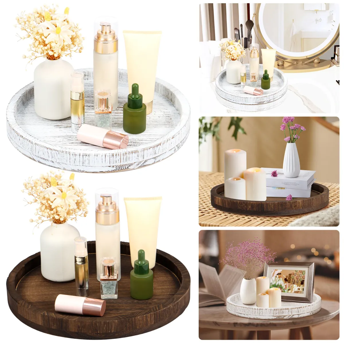 30cm Round Wooden Serving Tray - Retro Decorative Coffee Meal Platter, Multipurpose Candle Holder for Table Home Decor showcase 1