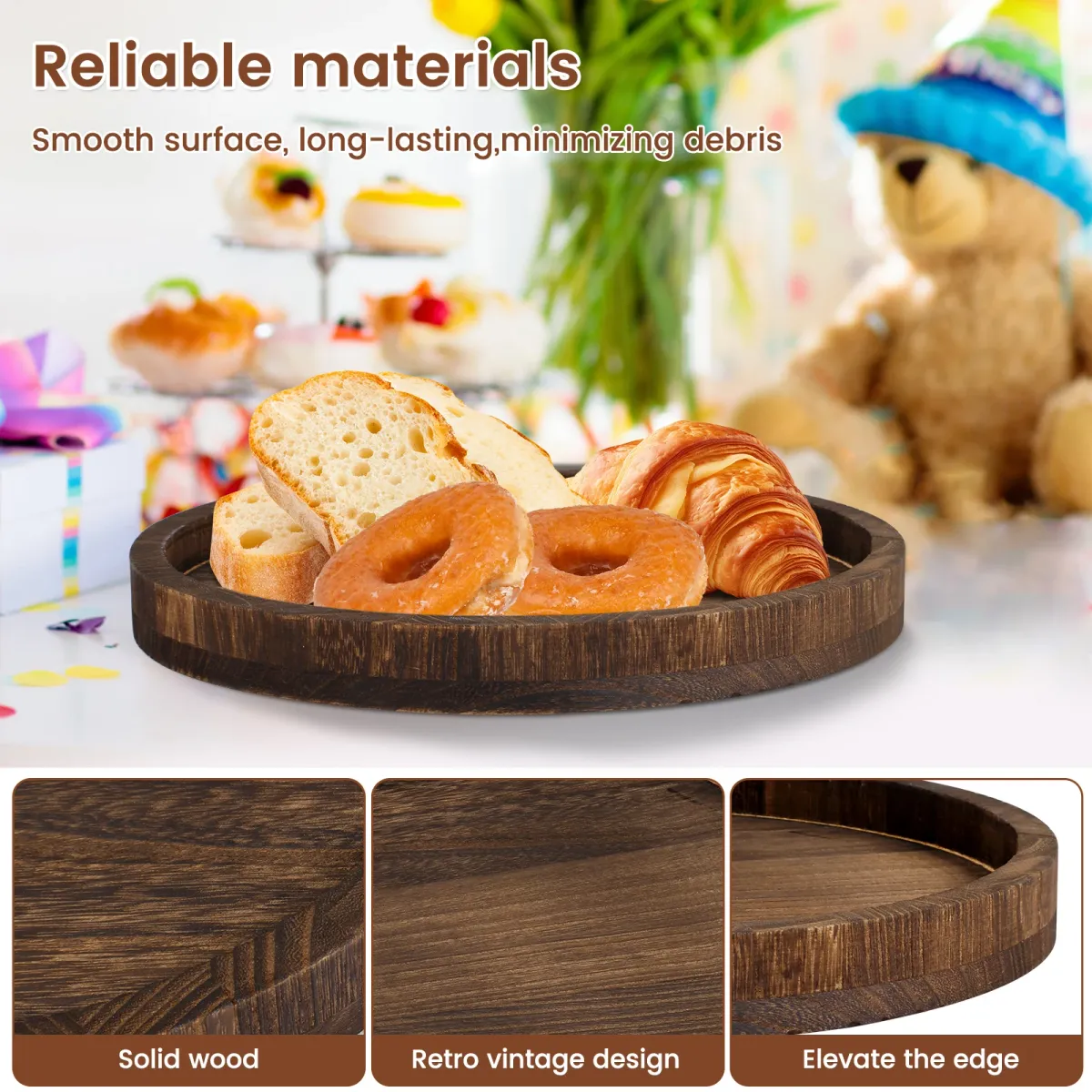 30cm Round Wooden Serving Tray - Retro Decorative Coffee Meal Platter, Multipurpose Candle Holder, Rustic Home Decor for Table Centerpieces showcase 6