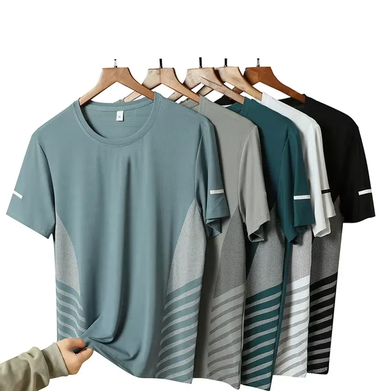 Men's Summer Running T-Shirt, Ice Silk Thin Quick Dry Short Sleeve Top with Reflective Printing, Breathable Fitness Sports Shirt for Active Lifestyles thumbnail 1