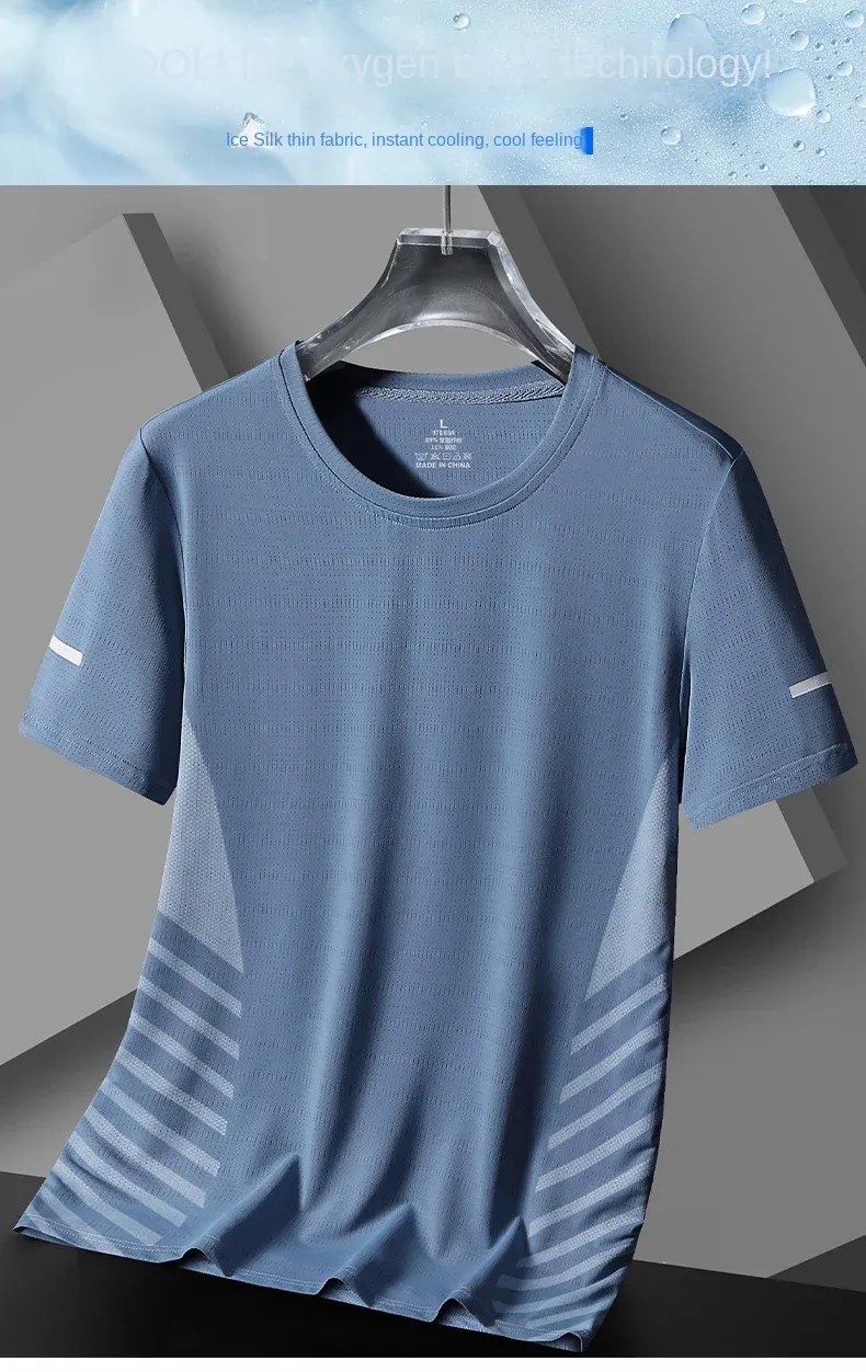 Men's Summer Running T-Shirt, Ice Silk Thin Quick Dry Short Sleeve Top with Reflective Printing, Breathable Fitness Sports Shirt for Active Lifestyles showcase 1