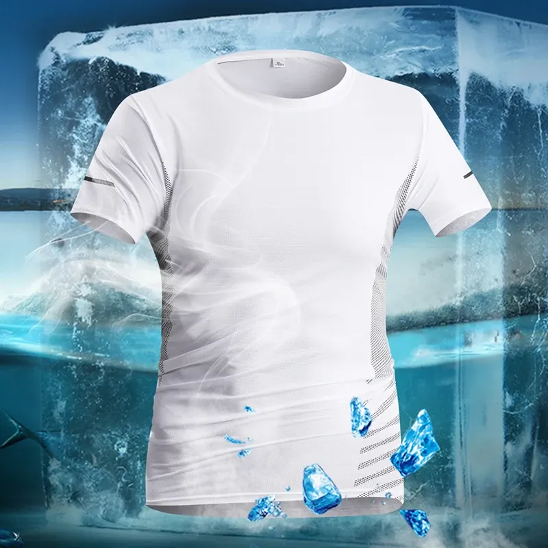 Men's Summer Running T-Shirt, Ice Silk Thin Quick Dry Short Sleeve Top with Reflective Printing, Breathable Fitness Sports Shirt for Active Lifestyles thumbnail 2