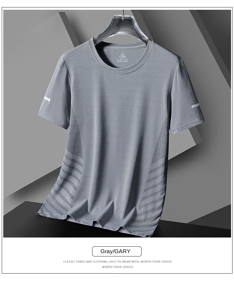 Men's Summer Running T-Shirt, Ice Silk Thin Quick Dry Short Sleeve Top with Reflective Printing, Breathable Fitness Sports Shirt for Active Lifestyles showcase 12