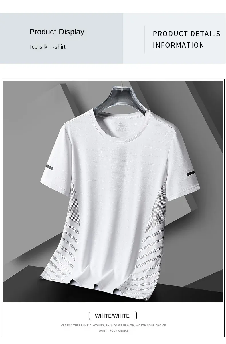 Men's Summer Running T-Shirt, Ice Silk Thin Quick Dry Short Sleeve Top with Reflective Printing, Breathable Fitness Sports Shirt for Active Lifestyles showcase 10