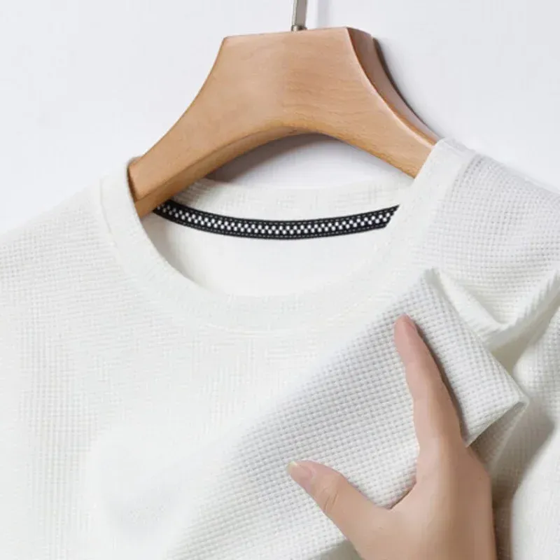 Men's Summer Waffle Knit Round Neck Short Sleeve T-Shirt - Breathable Casual Top for Daily Wear thumbnail 4